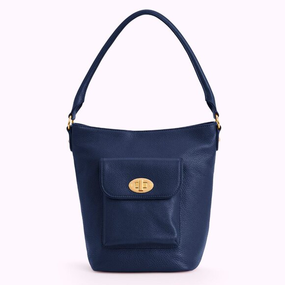 TALBOTS Turnlock Bucket Shoulder Bag Purse Navy Blue Pebbled Leather - Picture 1 of 14